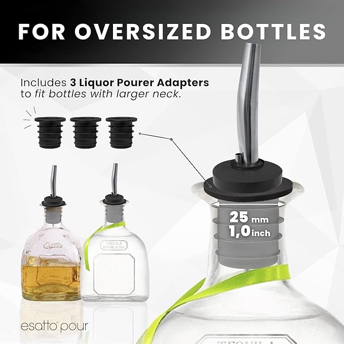 Stainless Steel Liquor Bar Bottle Pourers - Drip-Free Nozzle - Pour Spouts for Alcohol & Bartending - Universal Fit Speed Spout - Rust-Free & Easy Clean - Chrome (6 Pack)