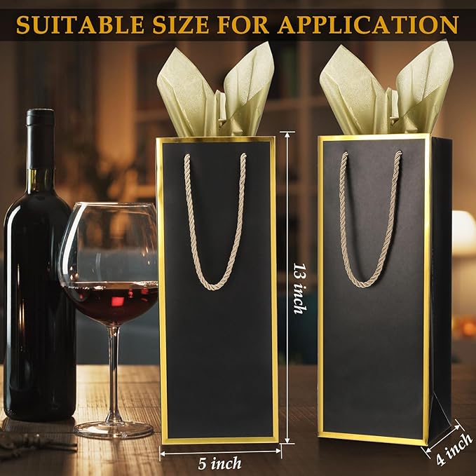 TaoBary 50 Pcs Wine Gift Bags and Gold Wrapping Paper Set Wine Bags for Bottle Bulk 4 x 5 x 13 Inch Champagne Gift Paper Sack with Handles for Christmas Appreciation Wedding Anniversary(black,30 Pcs)