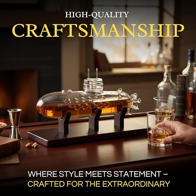 Submarine Whiskey & Wine Decanter Set - Wood Base 25oz Crystal Glass Dispenser Navy Nautical Naval Maritime Anniversary Birthday Gifts Men Who Have Everything Holiday Gifts, Father Husband Boyfriend