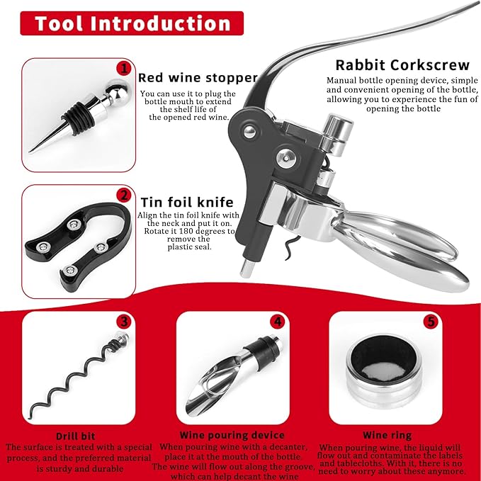 DEMARRE Rabbit Wine Opener,Corkscrew Wine Opener Set Including Foil Cutter, Wine Stopper & Pourer, Drip Ring, Stainless Steel Wine Bottle Opener Kit for Bar, Home, Wedding, Birthday, Holiday Gift