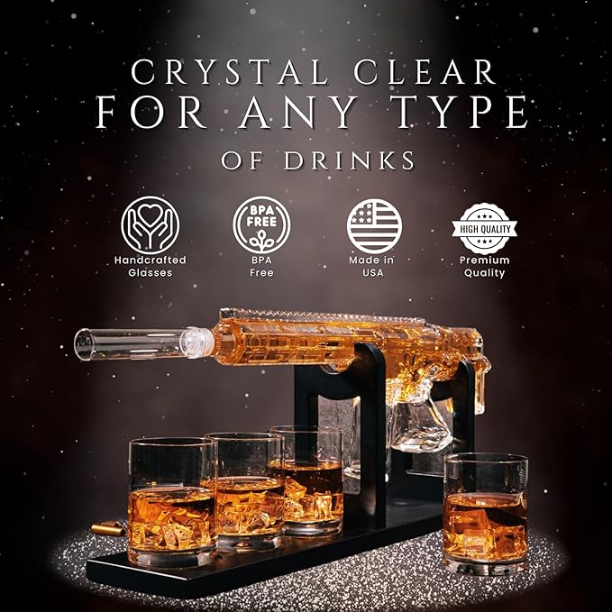 Gifts for Men Dad, Whiskey Decanter Set - AR Limited Edition, Silencer Stopper - 800 ml & 4, 12oz Whisky Glasses - Father Birthday Gift - Drinking Party, Liquor, Vodka Tik Tok Decanter