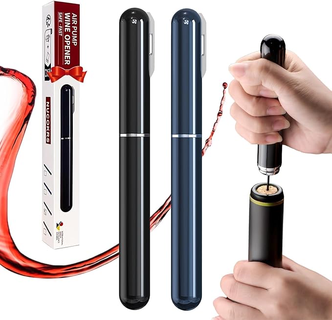 Wine Opener Manual with Foil Cutter Pack of 2 - NUCOKRS Aeropop Style Corkscrew Pen Shape Design 3 to 7 Air Pumps to Open (Black+Blue)