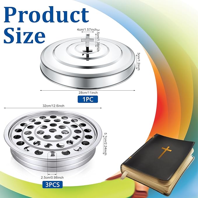 Jingmore Communion Ware 3 Holy Wine Serving Trays with 1 Cover Stainless Steel Communion Supplies Silver Trays for Churches Holy Ware Sets(Silver)