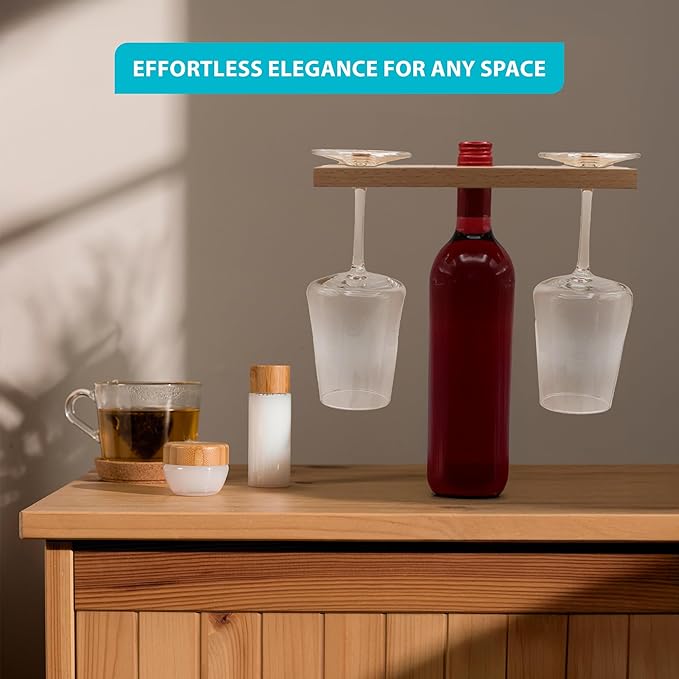 SlidingSusan Wine & Glass Holder - Countertop or Shelf Storage Rack for 2 Glasses & Bottle, Decorative Holiday or Housewarming Gift, Solid Maplewood, 10 Inch x 3.5 Inch