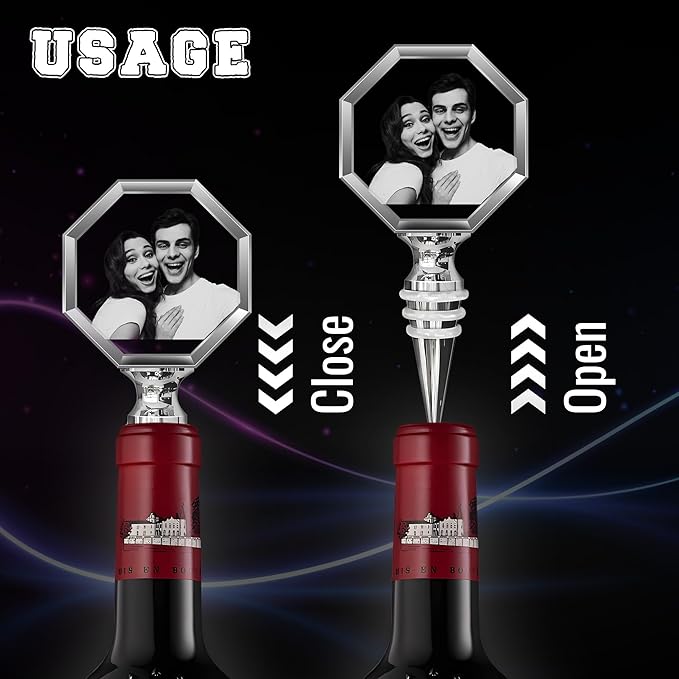 3D Personalized Crystal Wine Stopper, 3D Crystal Picture Engraved, Custom with Your Own Personal Logo, Text and Image, Gift for Father Dad, Anniversary Birthday Wedding Family Gifts (Octagonal)