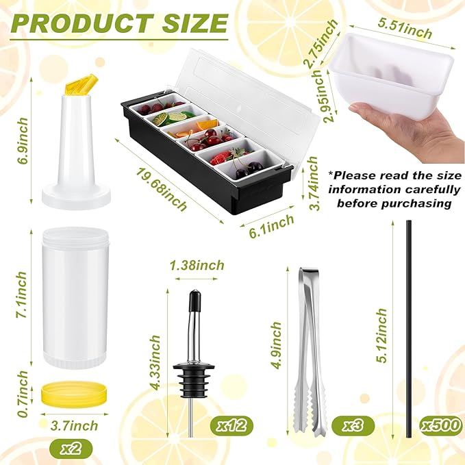 Mifoci Bartending Supplies 6 Compartments Garnish Tray with Lid Bar Caddy 3 Tier Glass Rimmer Stainless Steel Bottle Pourers Juice Pouring Cocktail Tools Wood Serving Accessories