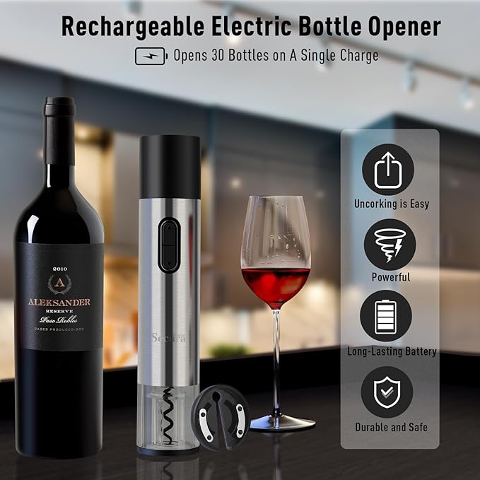 Secura Home Electric Wine Bottle Opener and Beer Opener 2-in-1, Rechargeable Automatic Corkscrew with Foil Cutter, One-click Wine Opener Electric for Home Kitchen Party Wedding