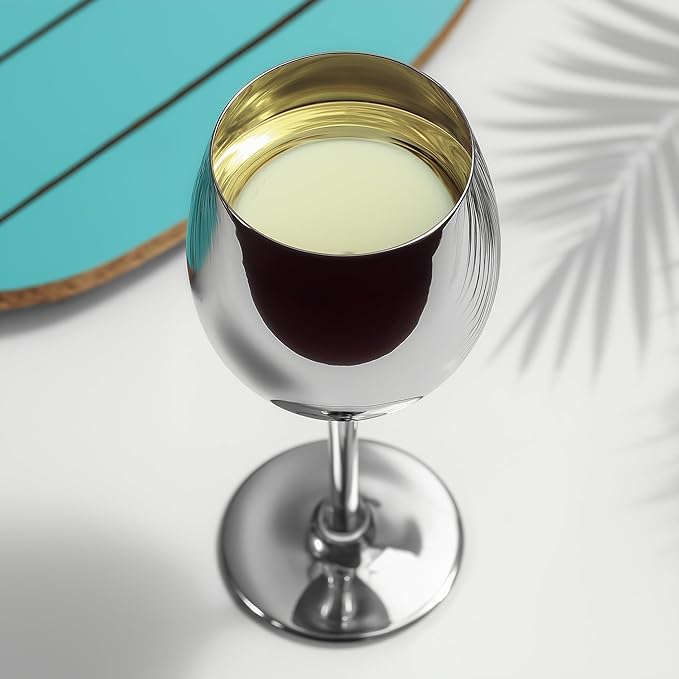 K&K Home Silver Stainless Steel Unbreakable Wine Glasses - 18 oz - Set of 4 Colored, Stemmed Metal Wine Glasses Perfect for Outdoors, Weddings, and Parties
