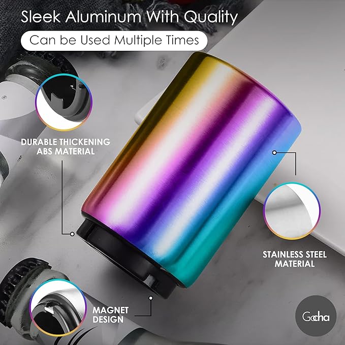 GOCHA | Magnetic Beer Bottle Opener with Automatic Cap Catcher – Stainless Steel Push-Down Gadget, One-Hand Bar Tool for Beer & Soda Bottles (Rainbow)