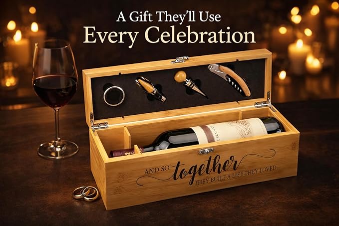 Personalized Wine Gift Set with Engraved Wooden Box – Custom Wine Accessories Kit, Wedding, Anniversary, Housewarming Gift for Couples, Wine Lovers