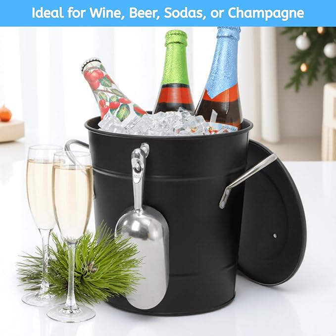 YOUEON 4L Ice Bucket with Scoop and Lid, Double Walled Insulated Wine Bucket Chiller with Carry Handles, Beverage Tub for Cocktail Party, Camping, BBQ, Indoor & Outdoor Use, Black