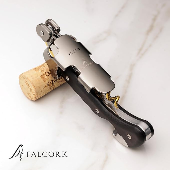 Corkscrew for Professionals FALCORK® 249 – Protection – 2-Step Unique Single Lever and Generous Ergonomic Handle for Sweet, Stable and Careful Service in High Hospitality – Only Noble Materials