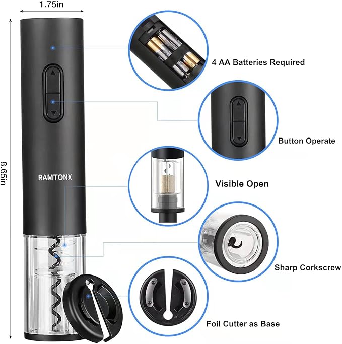 Electric Wine Bottle Opener, Wine Opener Corkscrew Key Set with Foil Cutter,Automatic Reusable Easy Carry Black Wine Opener Gift for Waiter Women in Home Kitchen Party Bar Outdoor