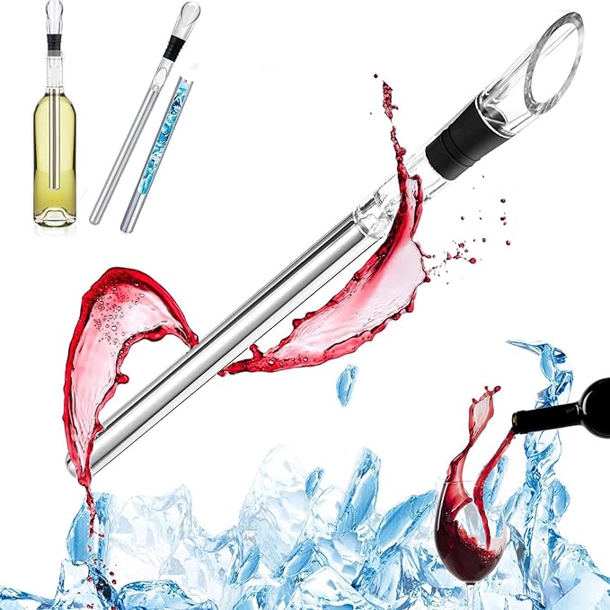 Chiller Bar - Red Chiller Rod, Stainless Steel Iceless Bottle Cooler with Stopper and Pourer | Perfect Wine Chiller Accessory at Home, Bar, Fes