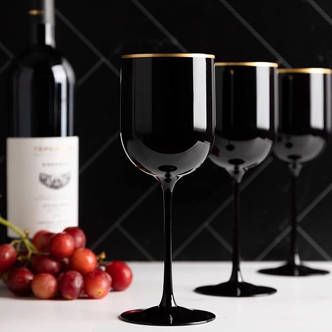 PLASTICPRO Black Wine Cup with Gold rim Plastic Wine Glasses Set of 10 Elegant Wine Goblets Hard Plastic Wine Cups on Stem 12 Ounce