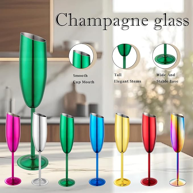 Champagne Flutes Set of 2, Premiumty Stainless Steel High Footed Champagne Glasses, 7oz Capacity,Unbreakable Slanted Champagne Glasses
