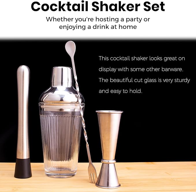 Silver Cocktail Shaker Set - Bartender Shaker Kit with Mixing Tools & Stainless Steel Strainer, Premium Bar Tool Set for Crafting Martinis & Whiskey Cocktails