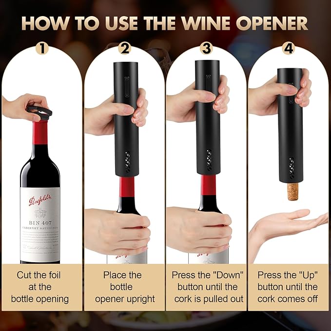 Rechargeable Wine Bottle Opener, Wine Opener, Premium Electric Wine Bottle Opener with Elegant Design for Gifts, Holidays and Special Occasions