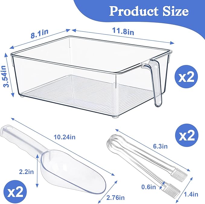 2 Pack Clear Ice Bucket for Freezer, Ice Cube Storage Bin with Flexible Handle, Ice Holder for Freezer, Scoop & Tongs Set, Fridge Container, Home Bar Organization (11.8 x 8.1 x 3.54 Inches)