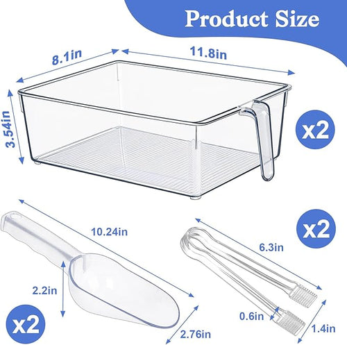 2 Pack Clear Ice Bucket for Freezer, Ice Cube Storage Bin with Flexible Handle, Ice Holder for Freezer, Scoop & Tongs Set, Fridge Container, Home Bar Organization (11.8 x 8.1 x 3.54 Inches)