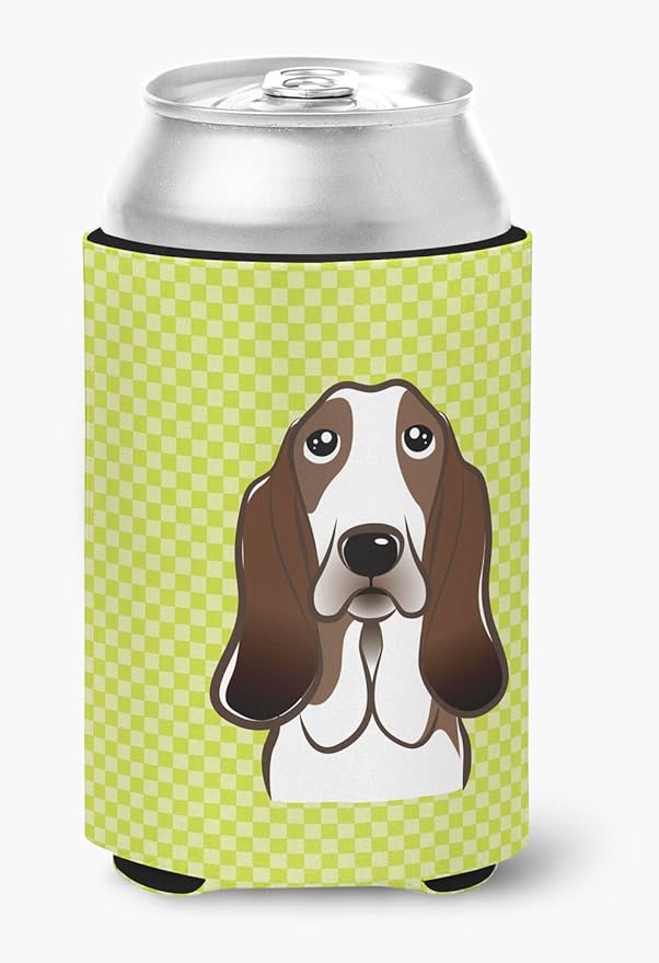 Caroline's Treasures BB1305CC Checkerboard Lime Green Basset Hound Can or Bottle Hugger Cooler Washable Drink Sleeve Collapsible Beverage Insulated Holder, Can Hugger, Multicolor