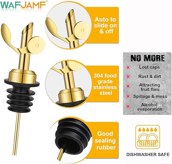 WAFJAMF 2 Pcs Weighted Stainless Steel Bottle Pourers, Self Closing Olive Oil Dispenser Spout, Auto Flip Feature Liquor Pour Spouts for Pours Liquid, Olive Oil, Wine, Vinegar (Gold)
