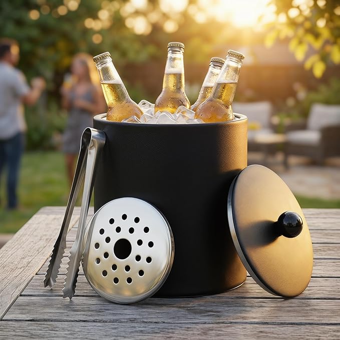 NUOBESTY Stainless Steel Ice Bucket with Lid and Tongs, Black Wine Chiller and Bubbly Cooler Beverage Serving Bucket for Bar Party, Cocktail Station, Home Entertaining (7.28 x 5.51 in)