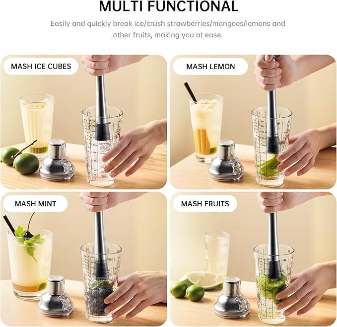 8 Inch Stainless Steel Cocktail Muddler and Mixing Spoon Home Bar Tool Set - Create Delicious Mojitos Old Fashioned/Mint Julep/Other Fruit Based Drinks (Silver)