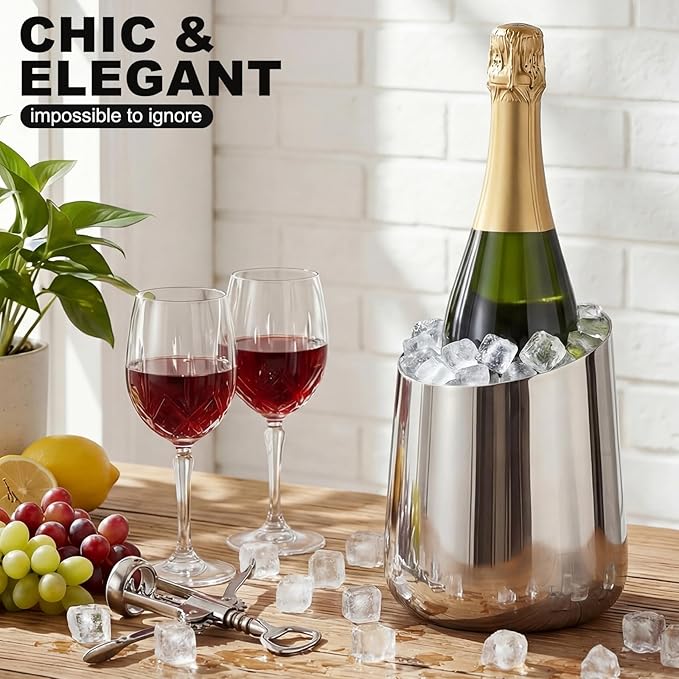 Layhit 2 Pcs Wine Chiller Bucket Stainless Steel Champagne Bucket 750ml Wine Bottle Cooler Champagne Chiller Double Insulated Bottle Cooler to Keep Chilled Without Ice for Party Kitchen Bar(Silver)