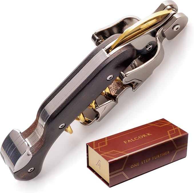 Corkscrew for Professionals FALCORK® 249 – Protection – 2-Step Unique Single Lever and Generous Ergonomic Handle for Sweet, Stable and Careful Service in High Hospitality – Only Noble Materials