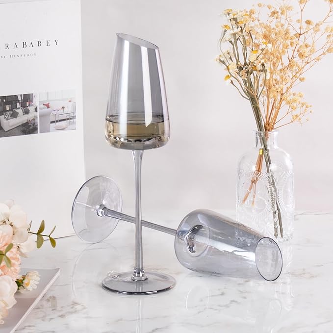 KAMMAK Wine Glasses Set of 2, 7.44 oz Hand Blown Crystal Bordeaux Wine Glasses, Thin Rim & Long Stem, Perfect for Red & White, Daily Use, Wedding or Birthday Gift with Gift Box, XH-H260 Gray