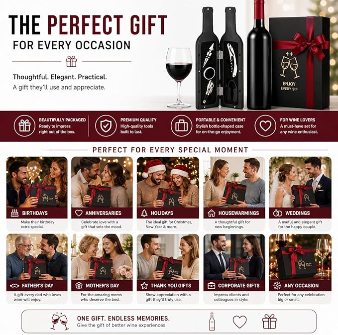 Luxury Wine Accessory & Gift Set - Corkscrew, Stopper, Pourer, and Games! (Wine Opener - Black and Silver GlossyBottle Case)