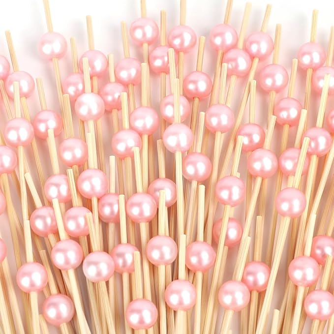 200PCS Cocktail Picks, Pink Pearl Decorative Toothpicks for Appetizers, 4.7 Inch Long Fancy Bamboo Skewers Wooden Charcuterie Sticks for Drinks Fruit Food Wedding Decor Party Supplies Bridal Shower