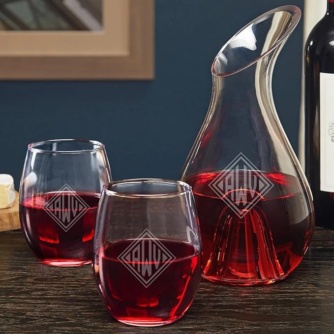 HomeWetBar Engraved Wine Decanter Set With Stemless Wine Glasses - Personalized Wine Carafe Set
