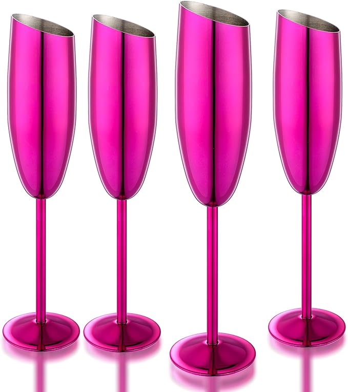 Champagne Flutes Set of 4, Premiumty Stainless Steel High Footed Champagne Glasses, 7oz Capacity,Unbreakable Slanted Champagne Glasses