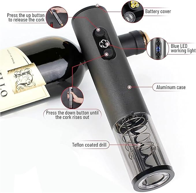 Electric Wine Opener, Battery Operated Wine Bottle Openers One-click Button Reusable Automatic Wine Corkscrew Remover for Wine Lovers Gift Home Kitchen Party Bar Wedding,Gray