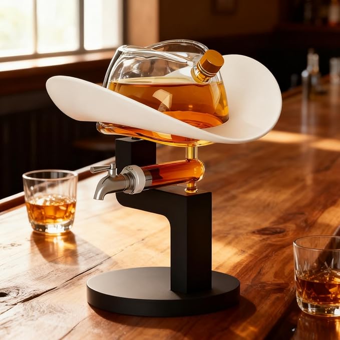 Western Cowboy Hat Decanter – 27oz Clear Glass Whiskey & Liquor Bottle | Premium Bar Display for Home, Lounge, or Man Cave Gifts, Rustic Collector Drinking - Great Gift Him Men, Dad, or Western Fans