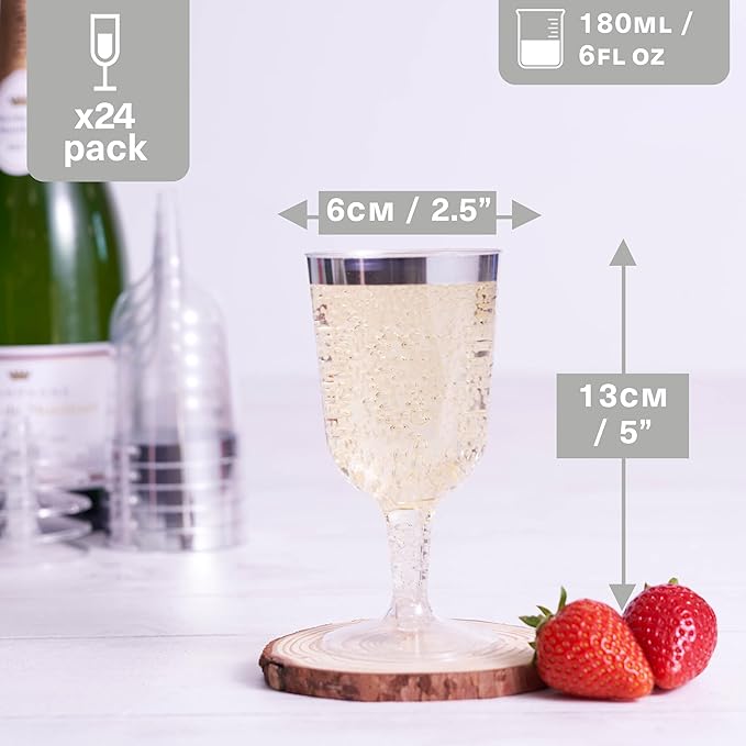 MATANA 24 Elegant Clear Hard Plastic Wine Glasses Silver Rim 6 oz - Sturdy & Reusable Glasses for Cocktails, Dessert - Birthdays, Weddings, Christmas, BBQ, Picnic, Parties, Bulk Pack