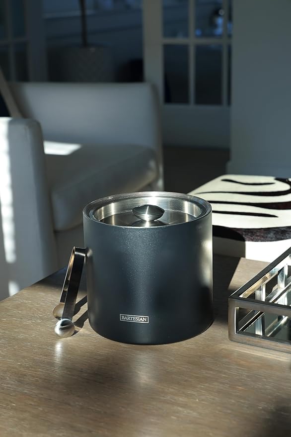 Bartesian Reserve Insulated Ice Bucket with Lid and Tongs – Matte Black Stainless Steel – Heavy Duty Double Wall Thermal Bucket for Home Bar, Parties, and Entertaining – Keeps Ice Cold for 36 Hours