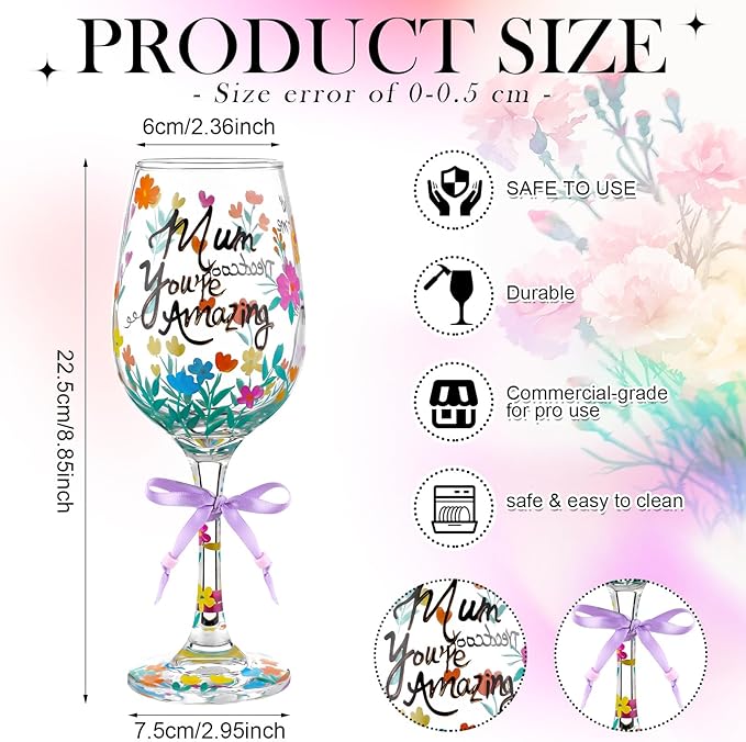SiliFine 4 Pcs Mother's Day Floral Stemmed Wine Glasses Hand Painted Flower Drinking Cup with Bow Wine Glasses Gifts for Birthday Theme Holiday Party Supplies