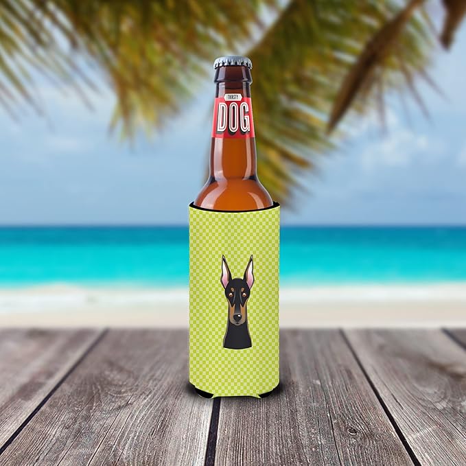 Checkerboard Lime Green Doberman Ultra Beverage Insulators for slim cans BB1307MUK