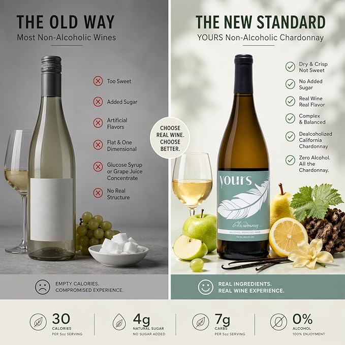 YOURS Non-Alcoholic Wine – Premium Award-Winning Wine Alternative, Alcohol-Free & Monk Fruit Sweetened – 750mL Bottle (Chardonnay)