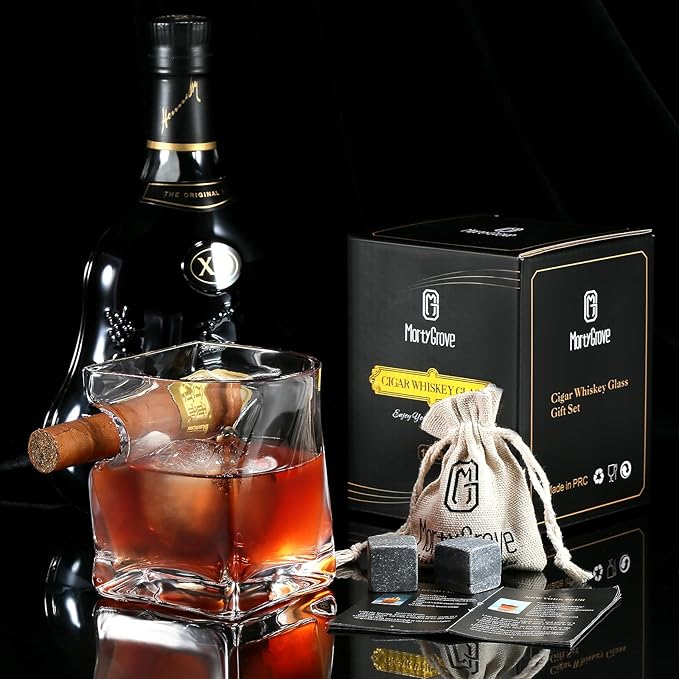 Cigar Whiskey Glass with Cigar Holder-Old Fashioned Glass Set with Cigar Accessories-Crystal Whisky Glass Set with Indented Cigar Rest for Bourbon,Cocktail, Gifts for Men/Dad/Husband(9.5oz)