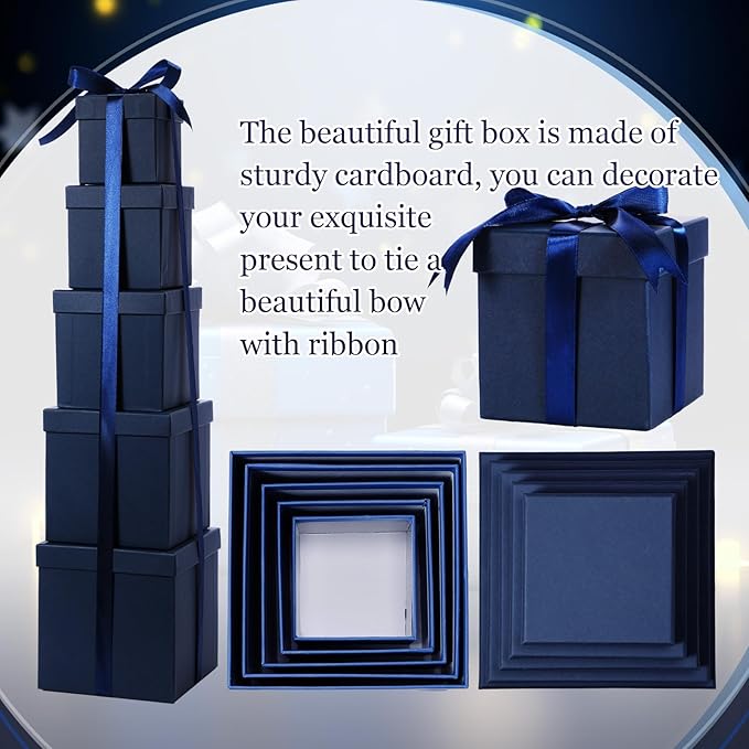 Cholemy 5 Pcs Square Nesting Boxes Decorative Gift Boxes with Lid and Ribbon Assorted Sizes Wrap for Wedding, Carnival, Anniversary, Birthday, Bridal Shower Party Gifts(Navy Blue)