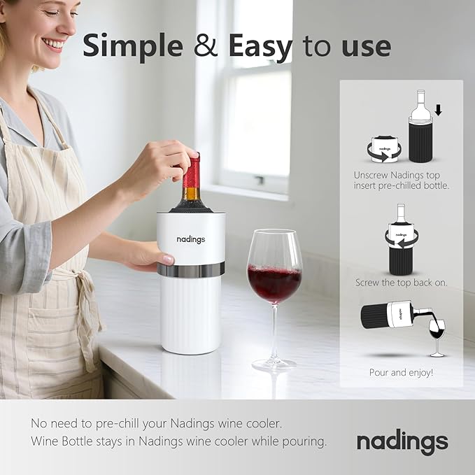 Iceless Wine Chiller - Keeps Cold 6+ Hours, Portable Vacuum Insulated Stainless Steel Champagne Cooler, Fits Most Wine Champagne & Liquor Bottles, Perfect Gift for Wine Lovers (White)