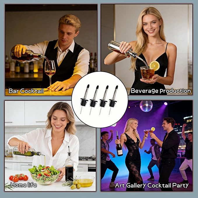 4-Pack Stainless Steel Wine & Oil Bottle Pourer Set - Precision Flow Control Spout with Anti-Drip Seal & Dust Cap for Liquor, Vinegar, Olive Oil - Bar Kitchen Tool by Yayaboqu