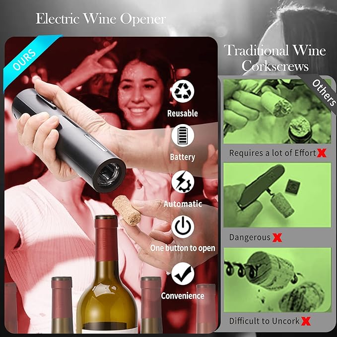 Electric Wine Bottle Opener, Automatic Wine Corkscrew Openers Battery Operated. One-click Button Opener with Foil Cutter, Reusable Wine Key for Wine Bottles, Gift for Wine Lovers Kitchen Party