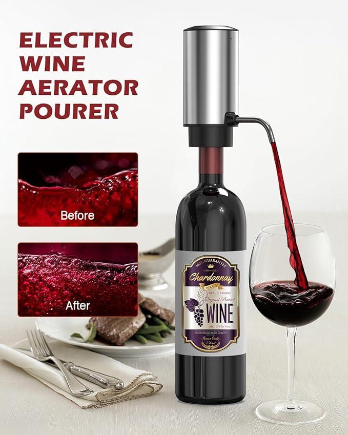 Electric Wine Opener Set, 4 in 1 Electric Wine Bottle Opener, Rechargeable Corkscrew Opener with Aerator, Foil Cutter, Vacuum Stopper, Ideal Present for Wine Lovers, Party, Wedding