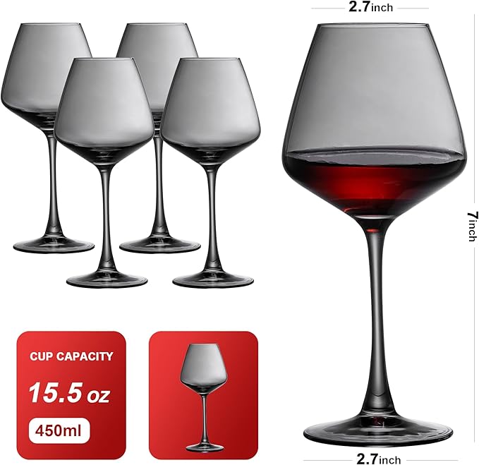 PTSTING Wine Glasses 15.5oz Grey Wine Glasses Set of 4 Burgundy Wine Glasses for Wine Tasting, Wedding Gift, Anniversary, Christmas, Birthday