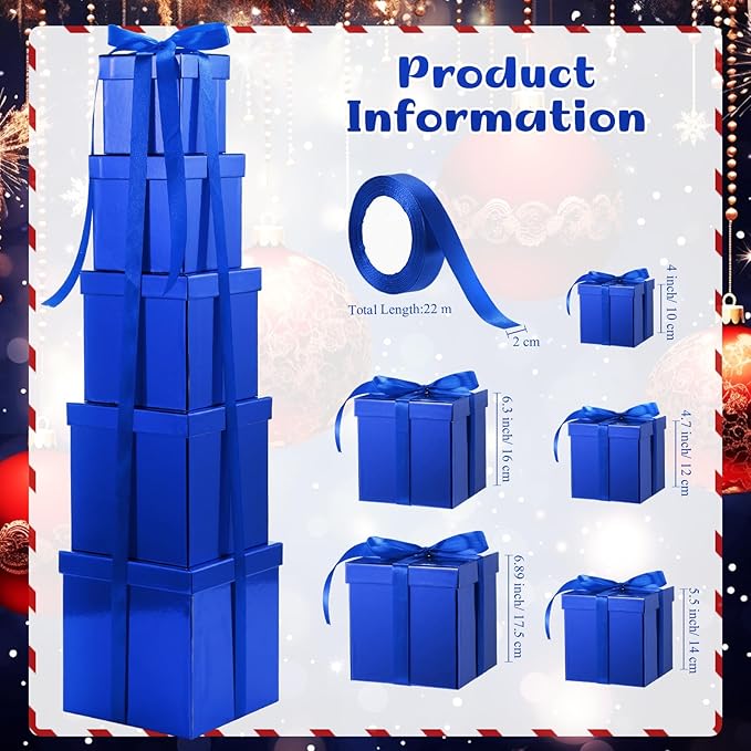 Cholemy 5 Pcs Square Nesting Boxes Decorative Gift Boxes with Lid and Ribbon Assorted Sizes Wrap for Wedding, Carnival, Anniversary, Birthday, Bridal Shower Party Gifts(Shiny Blue)